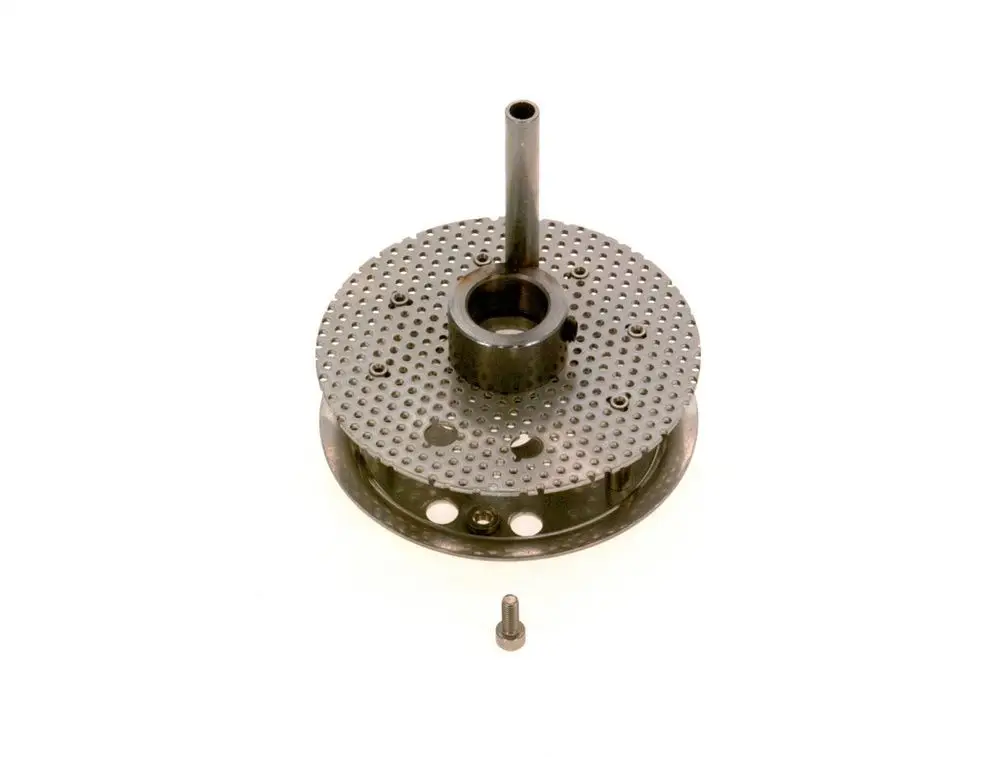 Kreisförmiges Bosch-Produkt mit einer perforierten Oberfläche und einem zentralen Rohransatz. Beiliegt eine kleine Schraube.